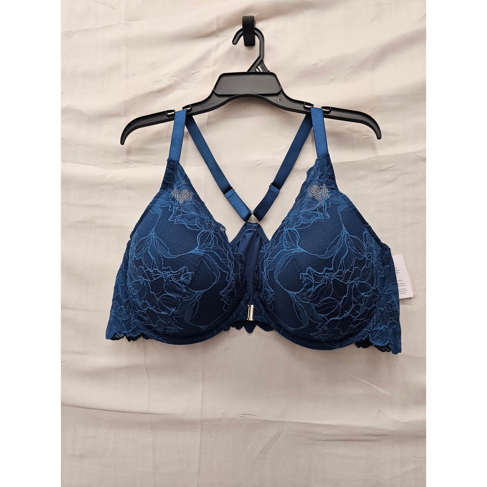 Auden Womens Lace Front Close Push Up Plunge Bra Blue Nylon Blend Size 46DD